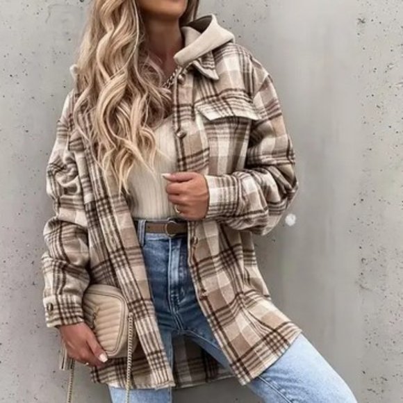 Button Plaid Drop Shoulder Jacket, Casual Long Sleeve Jacket For Fall (NEW) - Picture 1 of 3